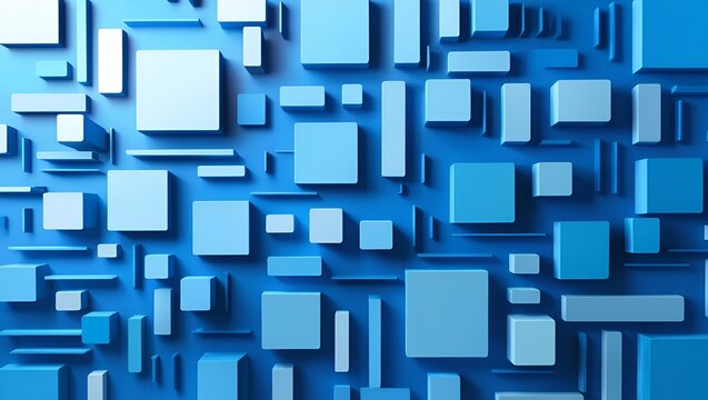 Abstract marketing design – blue background with geometric blocks and squares, forming a bold pattern that conveys digital strategies and innovation concepts