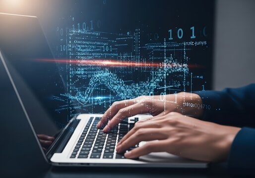 A technology professional typing on a laptop keyboard, engaging with a futuristic holographic interface displaying complex data and binary code