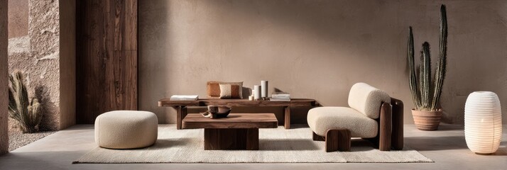Beige and brown living room, minimalist design