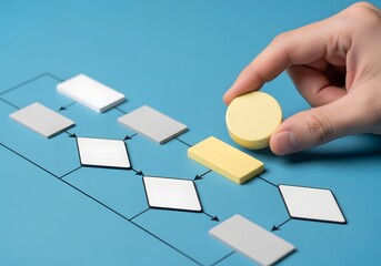 Close up of a hand placing a block into a flowchart, illustrating business process management, strategic planning, and workflow optimization on a blue background