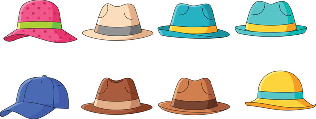 Colorful hats collection, fashion accessories, fedora styles, baseball cap, trendy headwear, vibrant design, stylish hats, wardrobe essentials, isolated background, variety