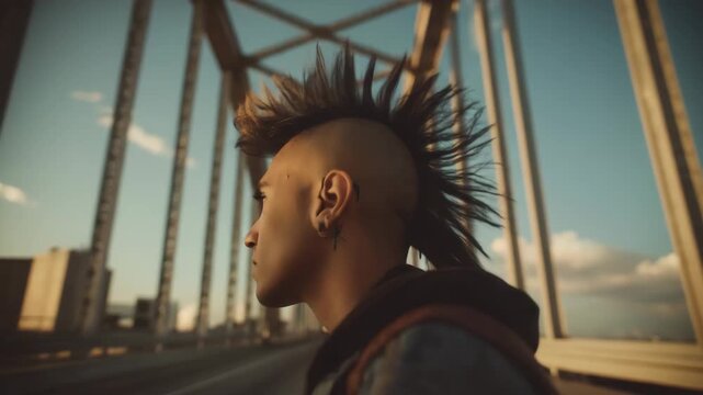 Young man with mohawk hairstyle walking across urban bridge, rebellious style and freedom, strong silhouette against industrial metal structure, modern youth street subculture concept