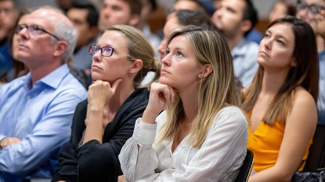 Intense Focus: A captivated audience, lost in thought and rapt attention, each individual with a focused gaze, displaying deep concentration.