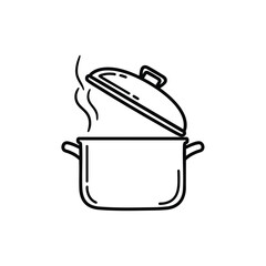 Simple line art icon of a steaming cooking pot with a tilted lid.