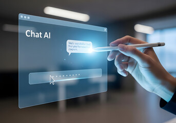 Business professional interacting with a conversational AI assistant on a futuristic transparent digital interface for secure access