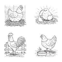 Set of handdrawn farm chicken illustrations showing a hen rooster and a newly hatched chick in a sketch style.