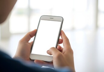 A person viewed from over the shoulder holding a modern smartphone with a blank white screen, ideal for mockups and digital display