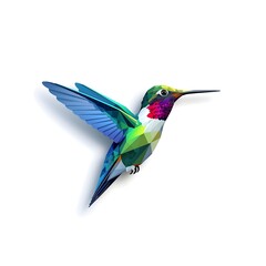 A cool low-poly-fragmented logo badge of a humming bird, inspired by poly are, vibrant colors and irregular and angular shapes