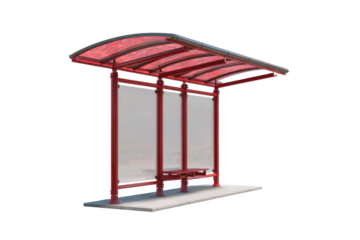 Red Modern Bus Shelter with Curved Canopy on Platform