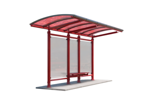 Red Modern Bus Shelter with Curved Canopy on Platform - Powered by Adobe