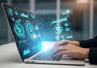 Professional analyzing medical data on a laptop with a futuristic holographic user interface showcasing healthcare innovation