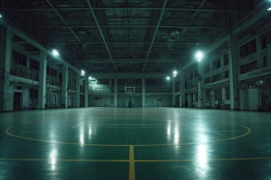 Empty basketball court indoors at night