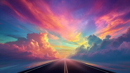 ​Straight Road Under Vibrant Sky​ - Dramatic Sunset Horizon with Warm and Cool Toned Clouds, for Inspirational Wall Art, Travel Blog Graphics, and Digital Backgrounds.