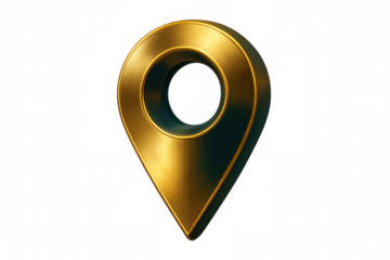 3d rendering of a golden location pin symbolizing global positioning, navigation, and travel on a transparent background
