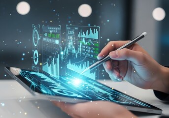 A business professional's hand uses a stylus to interact with a futuristic holographic display of data charts on a digital tablet
