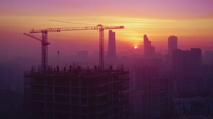 Bustling construction site on blurred background