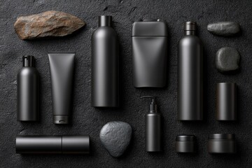 Dark matte cosmetic bottles and containers arranged on a dark stone surface.  Surrounding rocks add a natural touch