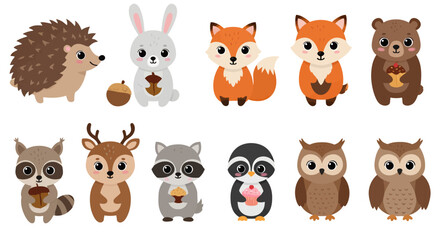 Obraz premium Cute cartoon forest animals vector PNG illustrations: hedgehog, rabbit, fox, bear, raccoon, deer, owl, penguin, perfect for kids' designs, autumn themes, and nature-inspired projects.