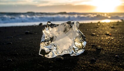 Translucent ice on black sand beach at sunrise