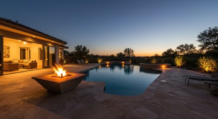 Fototapeta premium Luxury Backyard Oasis with Fire Pit and Pool at Dusk