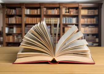 Open book pages in library background