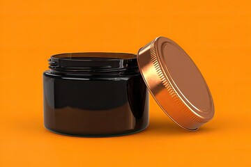 Open dark amber glass jar with copper lid on orange background