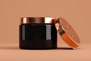 Black glass jar with copper lid on tan background