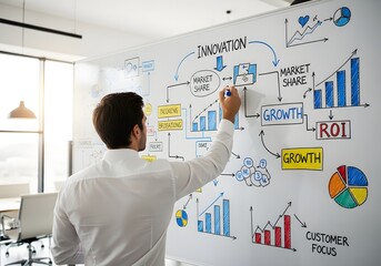 Male executive developing a corporate growth strategy, illustrating concepts of innovation, market share, and ROI on a presentation whiteboard