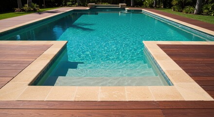 Obraz premium Luxury Swimming Pool with Wooden Deck and Tropical Plants