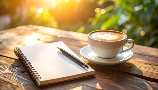 Warm coffee, notepad, pen, sunlight