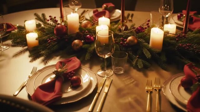 Festive table setting with candles and christmas decorations