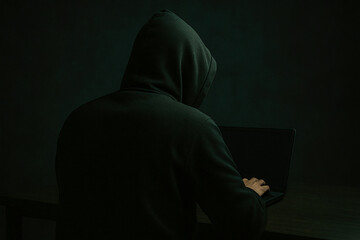 Anonymous person wearing a hooded sweatshirt sits at a desk using a laptop in a dimly lit, shadowy environment symbolizing cybercrime.