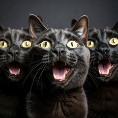 Group of black cats with wide open mouths and yellow eyes looking forward.