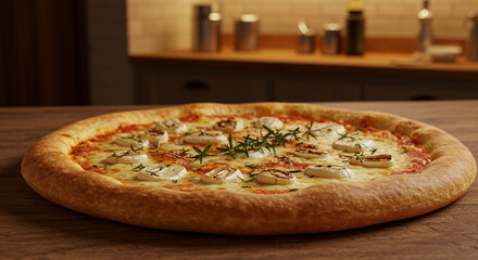 Delicious gourmet pizza with fresh rosemary and creamy goat cheese topping ready to eat on wooden table