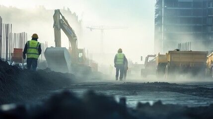 construction site in the early morning fog, on blurred background