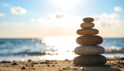 Fototapeta premium Zenith harmony stacked stones on shoreline capturing sunset serenity on calm blue sea
