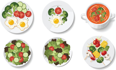 Healthy meals, vegetable dishes, nutritious food, fresh ingredients, salad bowls, tomato soup, fried eggs, clean eating, diet plate, wellness cuisine