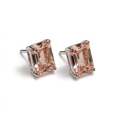 Create a Photogenic Emerald-cut morganite earrings with silver studs against a clean and crisp white background