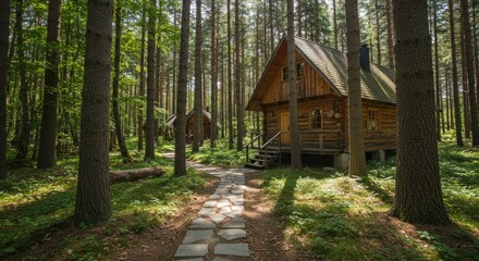 Cozy Wooden Cabin Nestled in a Sun-Dappled Pine Forest