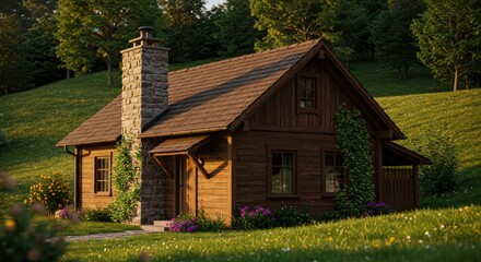 Fototapeta premium Cozy Wooden Cabin Nestled in a Lush Green Meadow