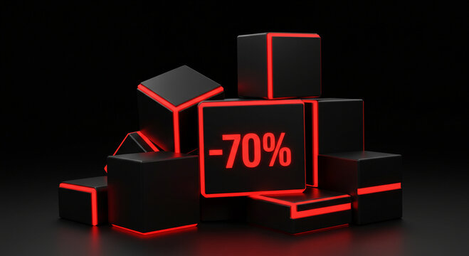 Limited time offer seventy percent off on black cubes with red highlights for your next sale