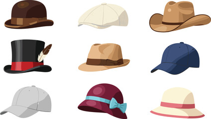 Hat collection, fashion accessories, headwear styles, vintage hats, modern caps, cowboy hat, top hat, sun hat, fedora, cloche, baseball cap, stylish headwear, elegant hats, trendy hats
