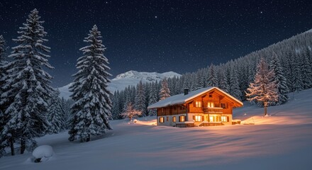 Naklejka premium Cozy Wooden Chalet in Snowy Alpine Forest Under Starry Night Sky