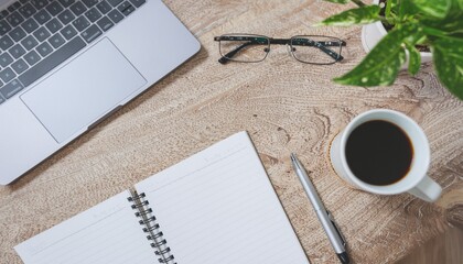Minimalist Office Desk Flat Lay, Laptop Notebook Coffee and Plant, Modern Workspace Background