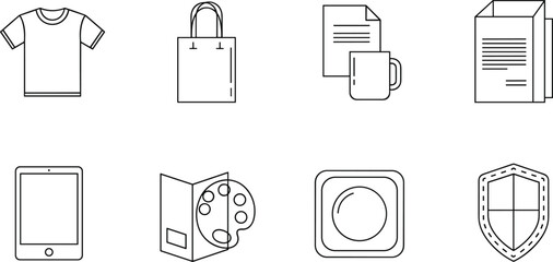 Minimal blue icon set, lifestyle symbols, fashion, tech, security, laundry, book, tote, mobile, brochure, clean design, vector illustration