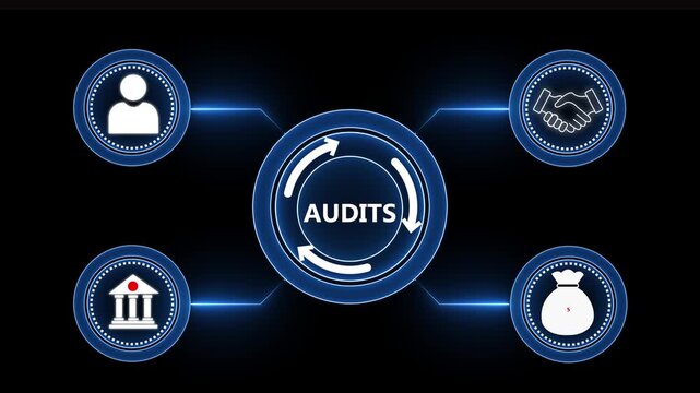 A suited executive presses a glowing audit hub surrounded by checklist and standard icons. Concept of compliance verification and corporate governance.