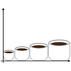 Coffee cup set. Brown drink inside. Growth chart illustration. Four cup sizes.