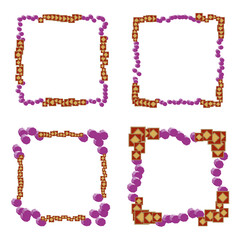 Square decorative frame. Purple beads elements. Brown pattern mix. Festive border design.