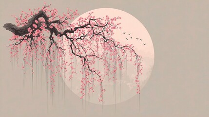 Traditional Chinese painting style artwork featuring delicate cherry blossoms, elegant plum blossoms,graceful willow tree branches, expressing harmony nature, spring beauty,timeless oriental culture