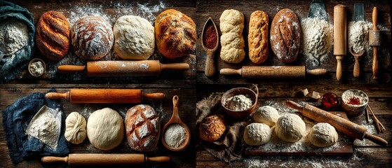 Assorted breads and doughs on a rustic wooden surface, with rolling pins and flour